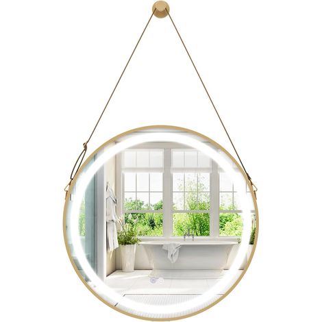GOPLUS Miroir Circulaire Suspendu, 60 x 60 cm, Miroir Mural avec Sangle Ceinture, 3 Modes d'Eclairage, Antibuée, Fonction Mémoire, Miroir Rond Décoratif, pour Salle de Bain, Chambre, Entrée (1/2)