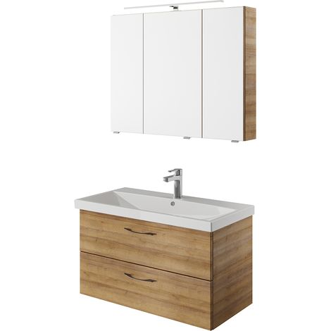Waschplatz Kombination mit Keramik Waschbecken in Riviera Eiche Nb. VILLATORO-66, B/H/T ca. 90/200/45 cm (1/5)