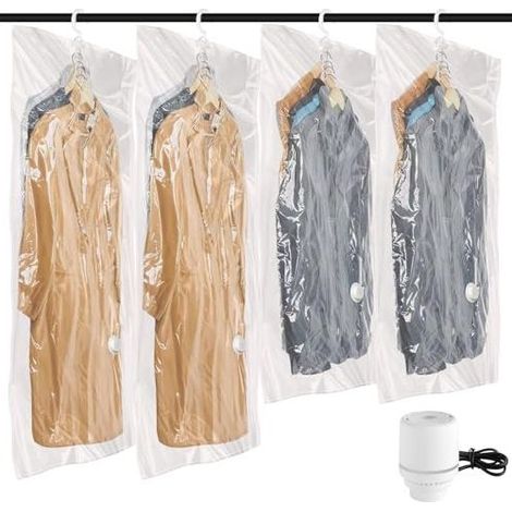 Sac Sous Vide Vetement Aspirateur avec Pompe électrique, Lot de 4 Sacs de Rangement Suspendu pour Vêtements Sous Vide,Rangements Vêtements pour Placards et Penderie,Transparent Réutilisable (1/5)