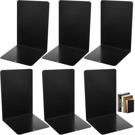6-Piece Black Metal Bookends with Non-Slip Pads, 20 × 13.5 × 10 cm, Sturdy Bookends for Shelves, Decorative Book Wedges for School, Office, Home, Living Rooms, Bookstores and Libraries (1/4)