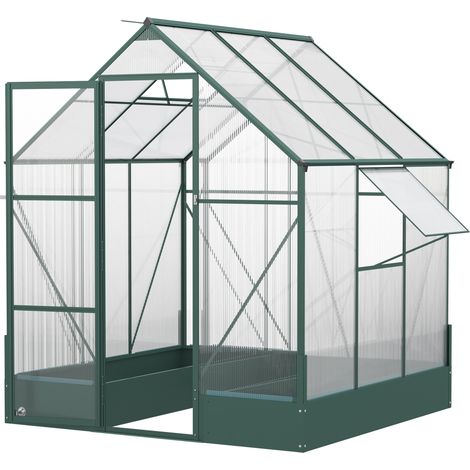 6x6 FT Polycarbonate Greenhouse with Base Raised Bed, Walk-in Greenhouse with Aluminium Frame, Temperature Controlled Window, Foundation for Plants, Flowers, Vegetable (1/5)