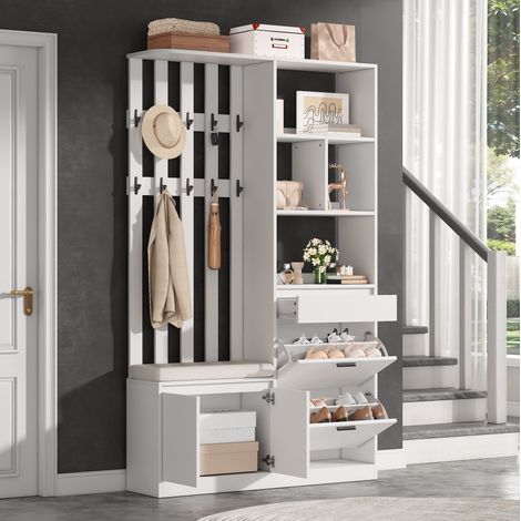 Vestiaire d'entrée avec banc, meuble à chaussures 2 portes, tiroir et 10 patères, rangement couloir blanc MDF, 120x30x200 cm (1/5)