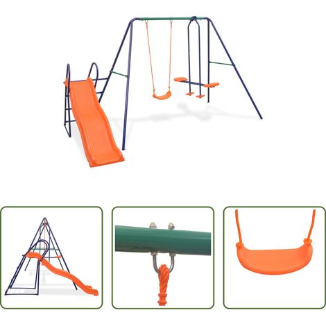 vidaXL Tandemschaukel - Schaukelset mit Rutsche und 3 Sitzen Orange