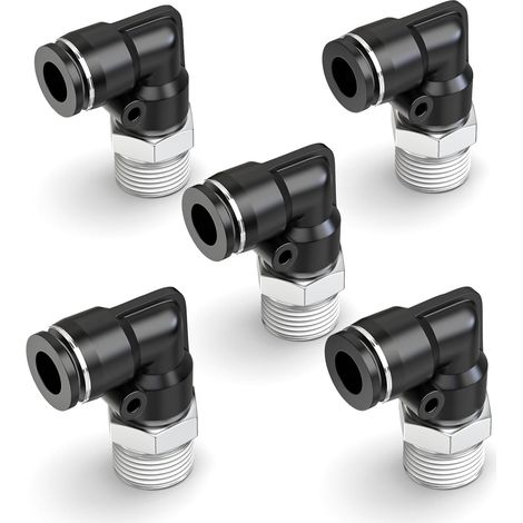 5 pièces raccords à emboîter mâles coudés à 90 degrés pour tubes de 10 mm de diamètre extérieur x filetage BSP 1/8", Connecteurs pneumatiques à poussée rapide noirs (1/5)