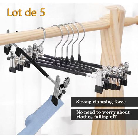 Lot de 5 cintres à pantalons avec pinces coulissantes, réglables et antidérapants, pour jupes, jeans, pantalons (1/5)