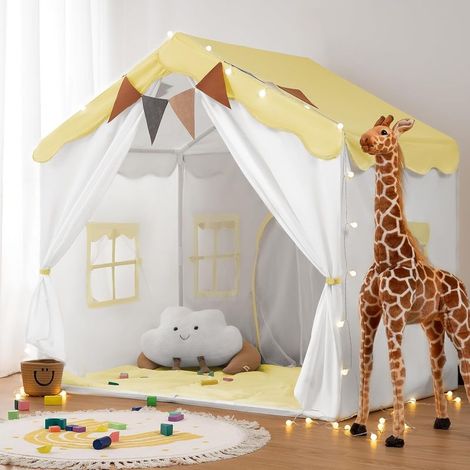 Tente Enfant 2 en1, Cabane Enfant Intérieure avec Tapis Rembourré, Lumières et Drapeaux, Tente de Jeu pour Enfants Princesse, Idéal pour la Décoration de Chambre d'enfants et Fête (Jaune) (1/5)