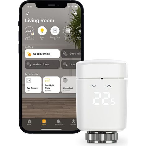 Eve Thermo (Apple Home) - valvola termosifone intelligente con display a LED, controllo automatico della temperatura, senza gateway, controlli touch integrati, Bluetooth/Thread (1/5)