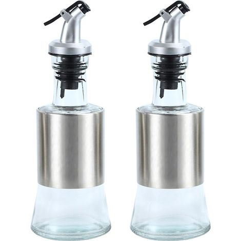 Lot de 2 bouteilles à huile en acier inoxydable, pot à huile en verre anti-fuite pour la cuisine, bouteille à vinaigre et sauce soja à pression, pot à huile spécial, 200 ml. (1/3)