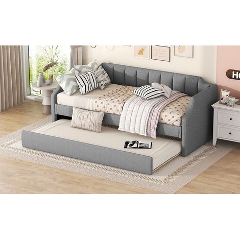 Lit gigogne 90x190 cm, canapé-lit rembourré 90x200 cm, gris, sans matelas
