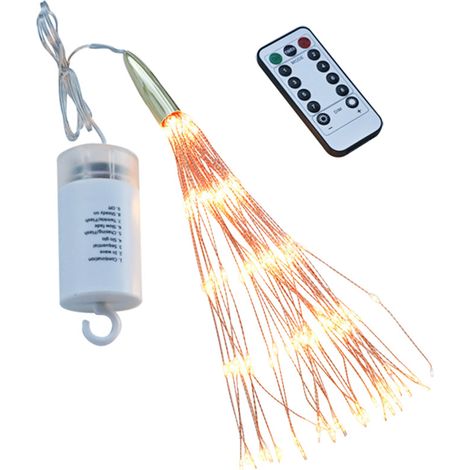 Guirnalda de 200 luces LED con efecto fuegos artificiales, control remoto, 8 modos de luz blanca cálida, funciona con pilas (para uso en interiores y exteriores). (1/5)
