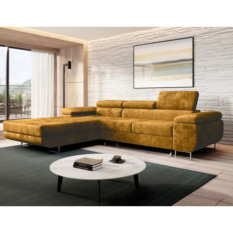 Alvaro Velvet Left Hand Facing Corner Sofa Bed with Storage and Lift Mechanism - Mustard (1/4)