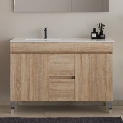 Meuble de salle de bain 120cm sur pieds avec vasque déporté - sans miroir - portes et tiroirs - cambrian (chêne clair) - HARO (1/5)