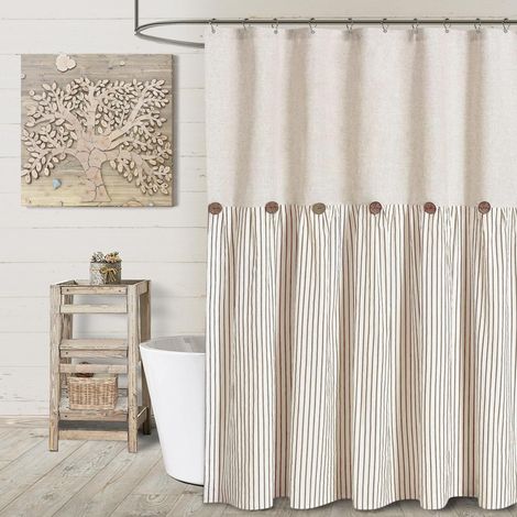 Rideau de douche à boutons style campagnard, tissu coton, lin et polyester, rideau de style ferme avec œillets, 183 cm x 183 cm (marron) (1/5)