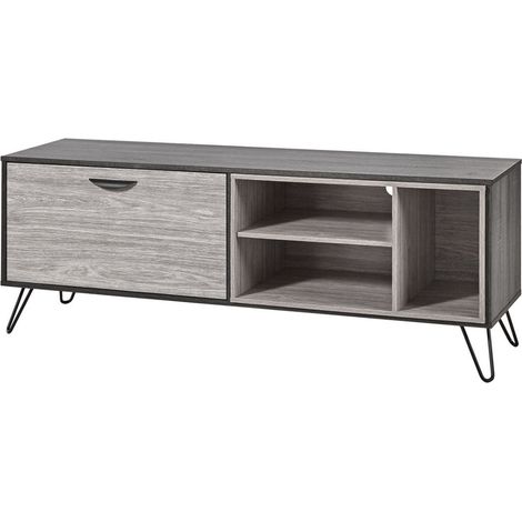 Meuble TV 1 porte 3 niches 150cm aspect bois grisé et noir - BROOKLYN (1/5)