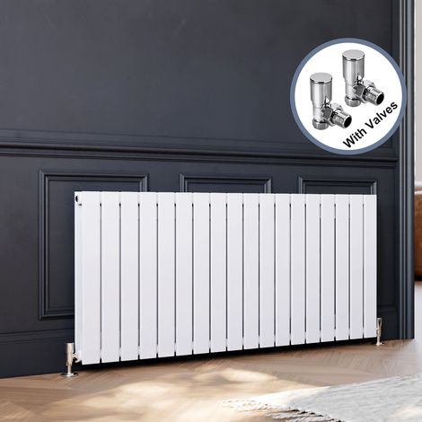 ELEGANT Horizontal Radiator Flat Panel Radiator Heating Panel Rads with Chrome Radiator Valves 600x1360mm White Double Heater (1/5)