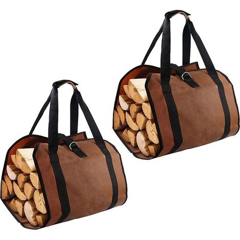 Sac fourre-tout pliable pour bois de chauffage avec poignées renforcées, résistant à l'eau, tissu Oxford 600D, marron foncé, lot de 2. (1/5)