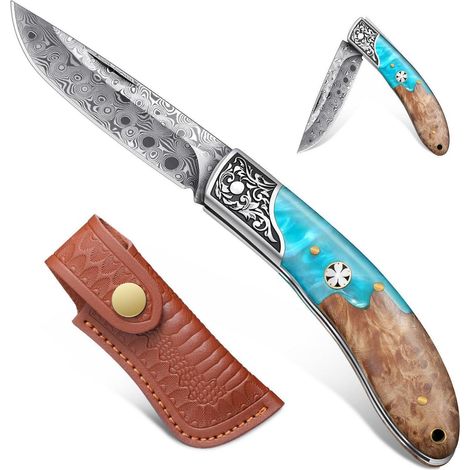 Klappmesser Damast mit Birnenholzgriff, blau, inkl. Lederscheide