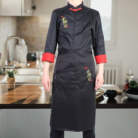 Ensemble 2 pièces unisexe vintage de chef : veste de cuisine à manches longues et tablier (noir, taille XXL) (1/5)