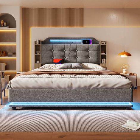 Lit capitonné 140 x 200 cm avec led, espace de rangement hydraulique, étagères et usb + type-c – lit en lin gris (1/5)