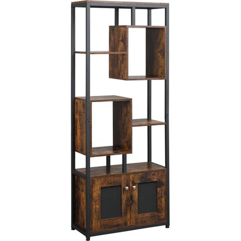 Libreria mobile in stile industriale con armadietto a 2 ante, ripiano salvaspazio a 8 ripiani per casa e ufficio, 70x30x180 cm, marrone.