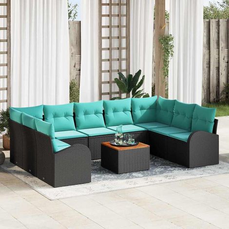 Salon de jardin modulable 10 pièces en polyrotin noir et turquoise avec rangement - PANGIVO (1/5)