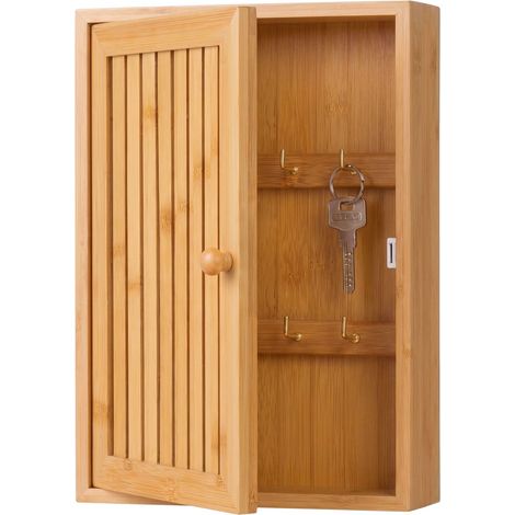 Wall-Mounted Bamboo Key Box, 8 Hooks, Magnetic Door (1/5)