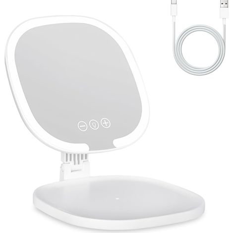 Specchio per il trucco illuminato con LED, portatile e ricaricabile, specchio Super HD con touch screen, specchio per il trucco pieghevole con 3 modalità di illuminazione (bianco)