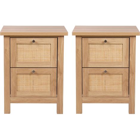 Hallowood Furniture Newquay Oak Effect Bedside Table with 2 Drawers and Rattan Front Set of 2, Narrow Bedside Table, Lamp Table, Bedroom Storage Unit, Nightstand, Side Table for Living Room (1/5)