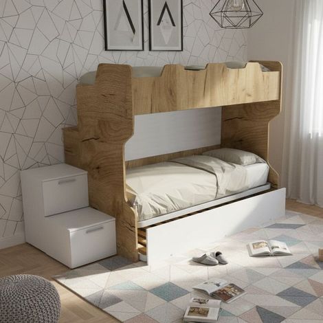 Letto a castello salvaspazio con scala a cassettoni e camminatoio - Quercia e Bianco