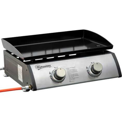 Barbecue à gaz de table avec 2 brûleurs, acier inoxydable et métal, plaque de cuisson antiadhésive, tuyau d'arrosage inclus, idéal pour le camping – 1 pièce (1/5)