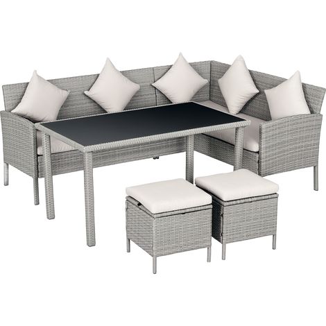 6-Seater Rattan Dining Set Sofa Table Footstool Outdoor w/ Cushion Garden Furniture, Beige