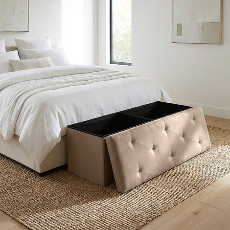 Panca Contenitore XXL 110 cm con Seduta Imbottita e Vano Salvaspazio, Pouf Contenitore Effetto Lino, Portata 150 kg, Cassapanca Pieghevole Dove