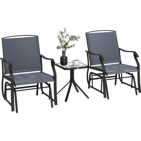 Outsunny Glider Rocking Chair & Table Set 2 Single Seaters Rocker Garden Swing Chair Patio Furniture Bistro Set Grey