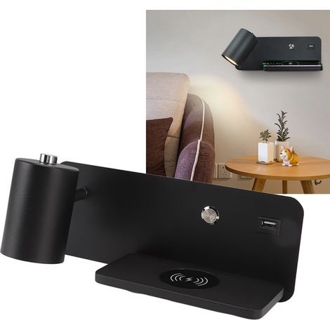 LED-Wandleuchte mit USB-Anschluss und kabelloser Ladefunktion für Handys, GU10, Hintergrundwandleuchte für Wohnzimmer, Nachttischlampe für Schlafzimmer, Leselampe, schwarzer Spot, linke Seite. (1/5)