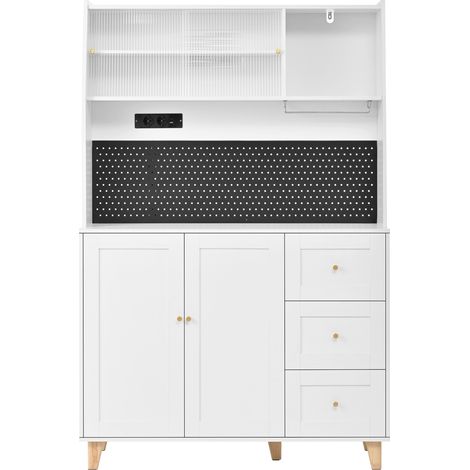 Buffet haut blanc avec prises électriques, porte-verres intégrée et rangement, idéal pour cuisine et salle à manger (1/5)