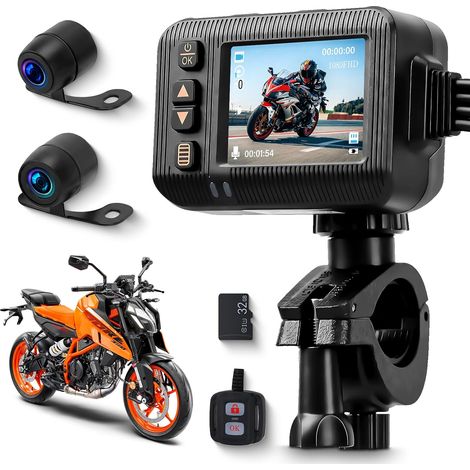 Caméra de tableau de bord de moto avant et arrière 1080p, écran HD 2", double caméra pour moto, étanche, enregistrement en boucle, capteur G intégré, télécommande et carte SD de 32 Go (1/5)