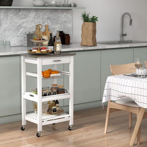 47x39x85cm Desserte de Cuisine à Roulettes Meuble de Rangement Plateau Inox et Tiroir pour Cuisine et Salle à Manger Blanc (1/5)