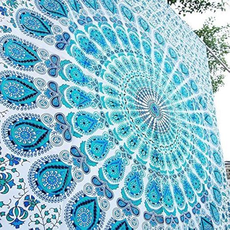 Tenture / Linge de lit indien style hippie bohème psychédélique à motif paon (Paon bleu ciel, grande taille double 180 x 230 cm) (1/5)