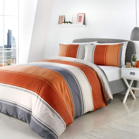 Housse de Couette à Larges Rayures Orange - 260 x 220 cm - 2 taies d'oreiller - Housse de Couette à Rayures contemporaines en Terre Cuite et Gris - Parure de lit doublée Orange/Gris (1/5)