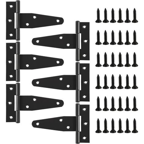 6 PCS Charnières en T, T-Scharniere, Charnières de Porte Noires en T, 100 X 65mm, Charniere Porte Lourde, Charnière Porte Placard et Porte lourde, Penture résistante pour Porte de Grange, Hangar (1/5)