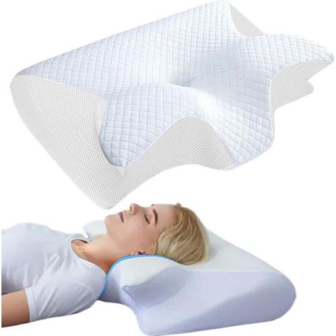Oreiller cervical ergonomique en forme de papillon à corne, mousse à mémoire de forme lente, pour le soutien du cou – Noyau d’oreiller + taie d’oreiller blanche incluse (1/5)