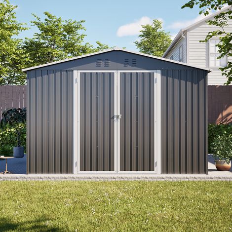 Abri de jardin métal 300x311,4x300 cm avec cadre de plancher, portes battantes verrouillables, acier résistant aux intempéries,Gris (1/5)