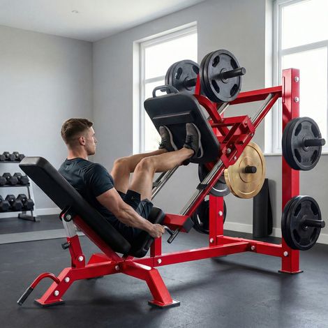 Presse à Cuisses Professionnelle Machine Musculation Jambes et Hack Squat 455kg Appareil Réglable 185x120x140cm Rouge
