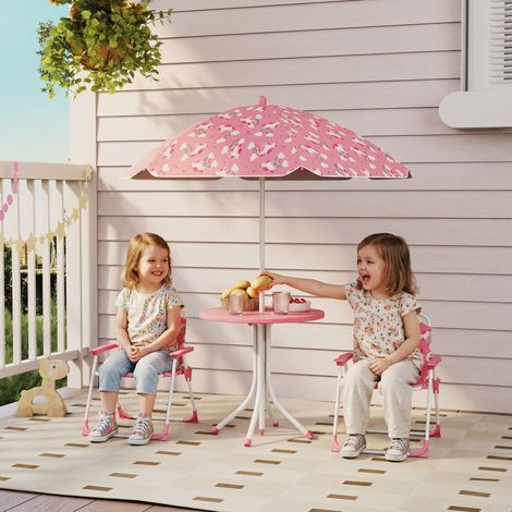 Ensemble table et chaises de jardin pour enfant 4 pièces, chaises pliantes, parasol amovible, design licornes, rose (1/5)