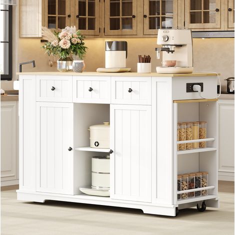 Isola cucina mobile 138(213)x55x93 cm con tavolo allungabile, prese AC + USB, contenitore, MDF bianco naturale (1/5)