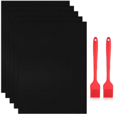 Tapis de Cuisson Barbecue 5 Pièces 60 x 40 cm Tapis Barbecue Set Papier BBQ Réutilisable avec Brosse Non Stick Four en Téflon Tapis (1/5)