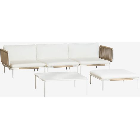 Ensemble de jardin avec canapé modulaire 3 pièces comprenant 2 modules d'angle, un pouf et une table basse en acier Roubly SKLUM Beige Amande