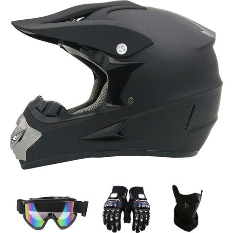 Set casca moto, Zggzerg, Are o buna respirabilitate, Unisex, Cu manusi, ochelari de protectie si protectie pentru fata, Captuseala interioara detasabila, usor de curatat, L, ABS, Negru