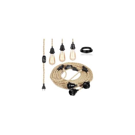 Câble électrique en lin 6,8m – 2 conducteurs avec douille E27 et interrupteur à intensité variable – Compatible ampoules LED