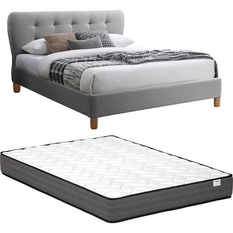 Letto 160 x 200 cm con testata trapuntata - Tessuto - Grigio chiaro + Materasso - ELIDE (1/5)